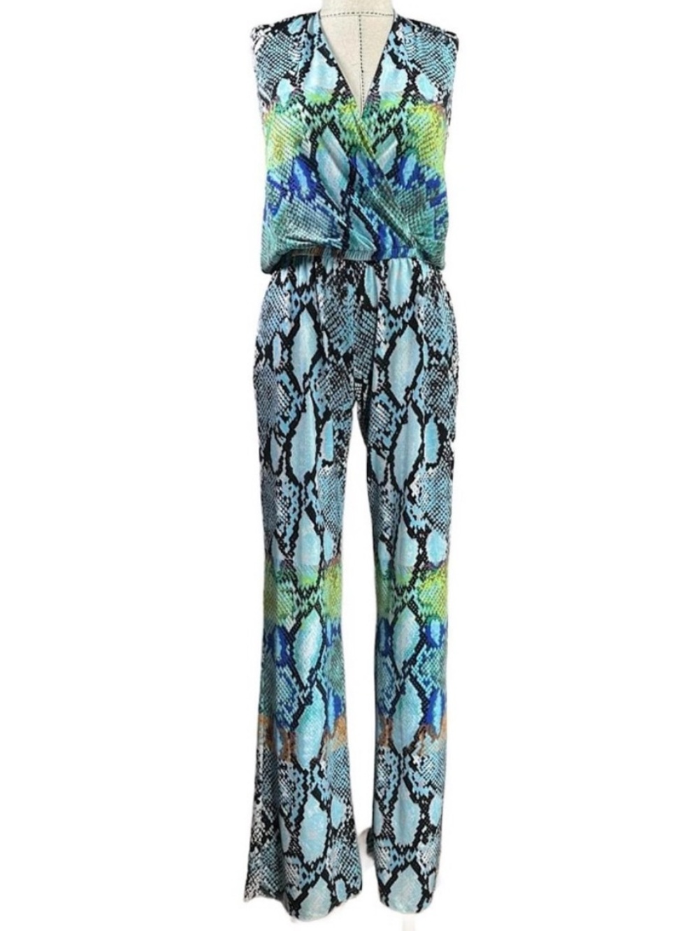 Hale Bob Large Snake Print Jumpsuit Blue Green V-Neck Stretch Open Back Lizard